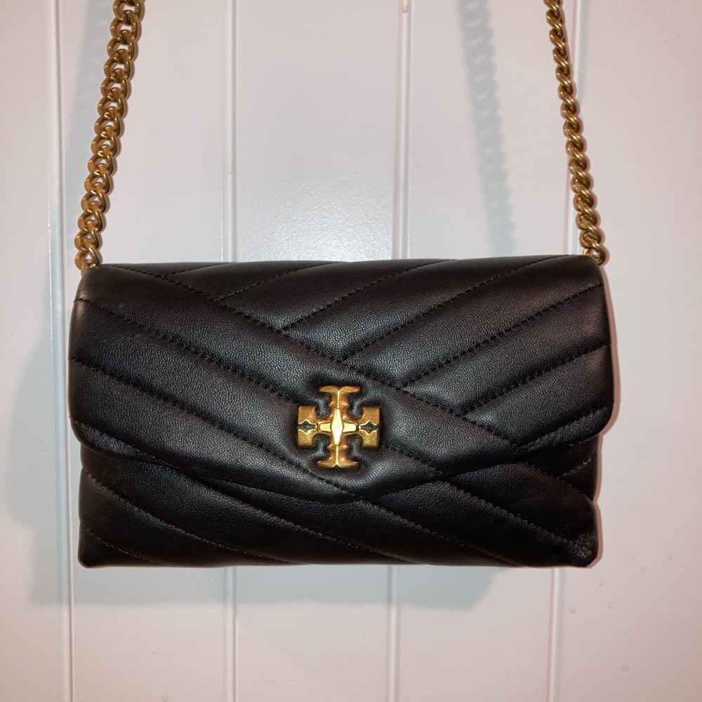 TORY BURCH Kira Chevron Black Leather Chain Crossbody Wallet Handbag Small